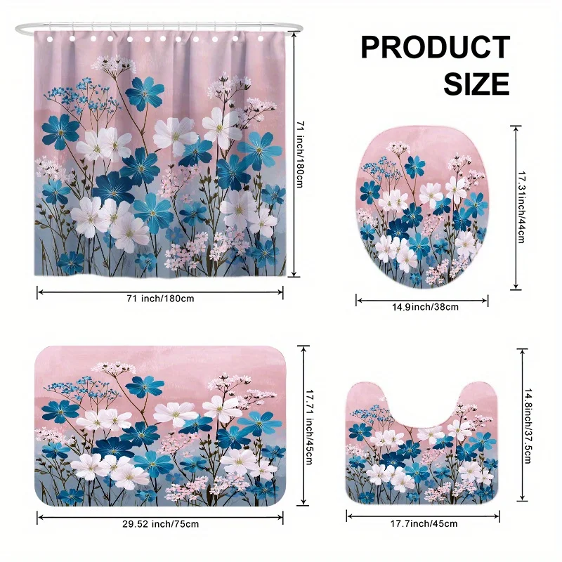 

4pcs Spring Floral Scent Printed Shower Curtain Set, Bathroom Decor Kit Includes Shower Liner, Non-Slip Mat, Toilet Cover, Rug