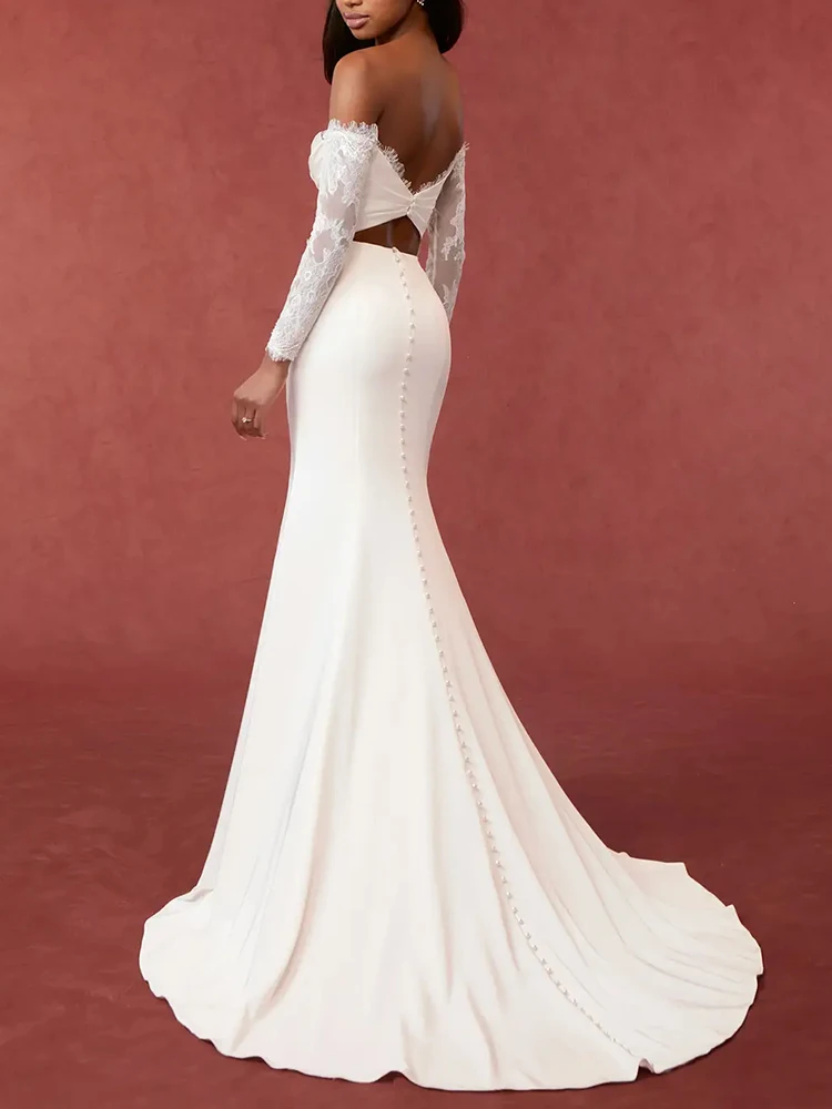 Women's wedding dress bride wedding diamond white fishtail lace long sleeve waist wedding dress satin dress banquet dress