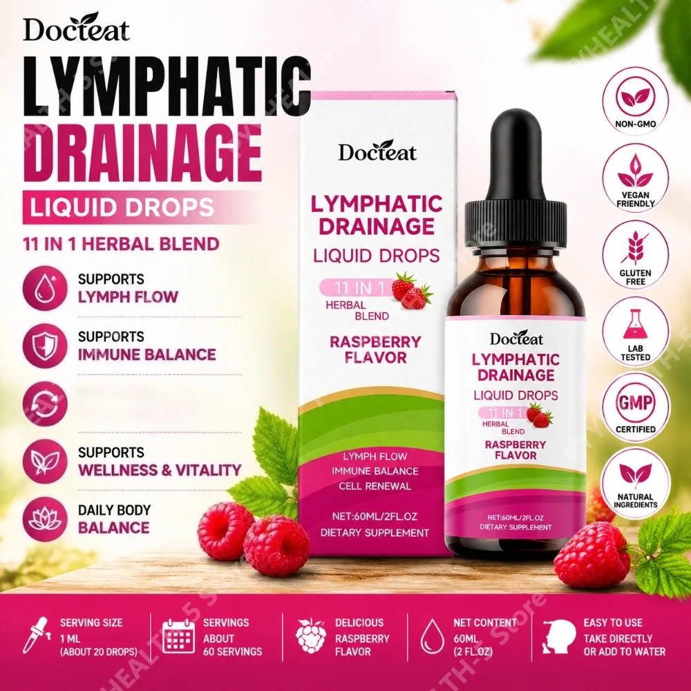 Docteat Herbal Liquid Drops 11 in 1 Raspberry Flavor Net 60 ML (2 Fl Oz) Supports Lymphatic Drainage and Cell Renewal Daily Care