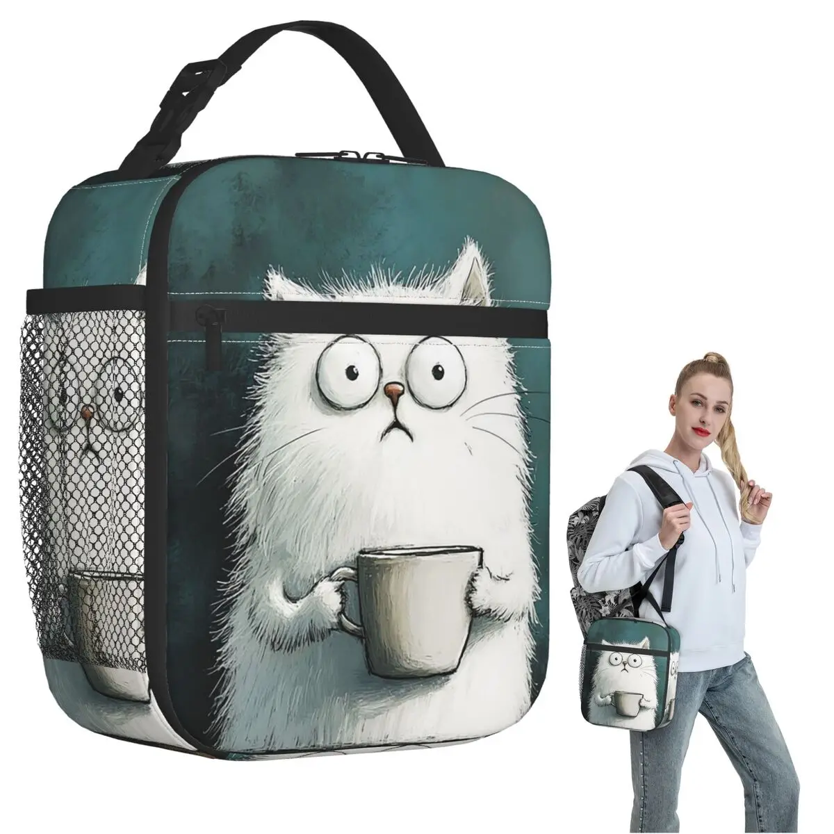 White Cat Holding Coffee Cup Pattern Insulated Lunch Bag for Women Children Portable Food Boxes Thermal Lunch Box Tote