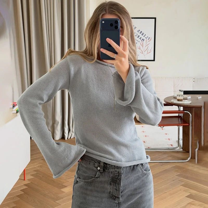 

Tornova Flare Sleeve Knitted Sexy Backless Sweater Women's Lace Up Sheer Cover Up Casual Pullovers Top 2026 Fashion Knitwear