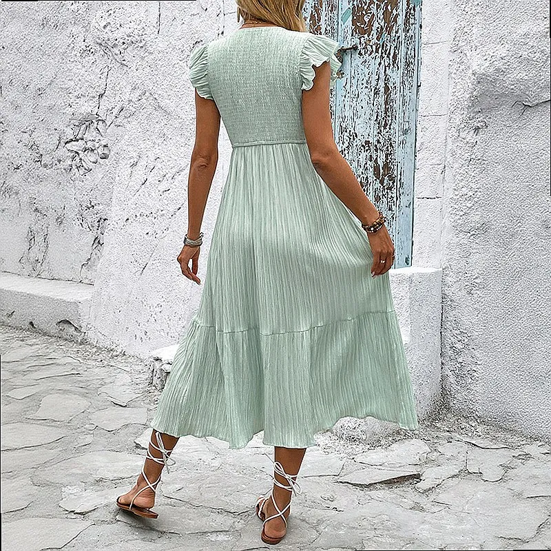 Summer V Neck Slit Dress, Women's Spring Summer Flowy Textured Midi Dresses, Elegant Pleated Overall Jumpsuit Playsuit Style