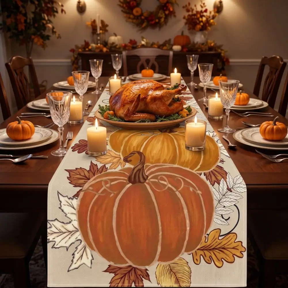 Autumn Harvest Theme Pumpkin Table Runner Rectangular Durable Farmhouse Table Runner Decorative Halloween Restaurant Decoration