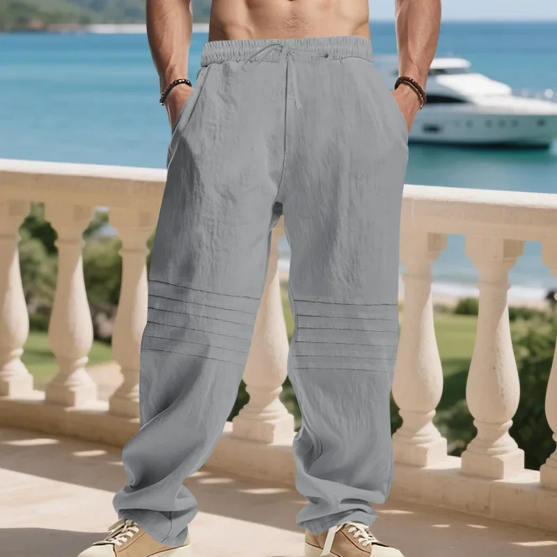 

Свободные плиссированные простые осенние новые льняные мужские повседневные брюки в американском стиле, дышащие прямые брюки для мужчин