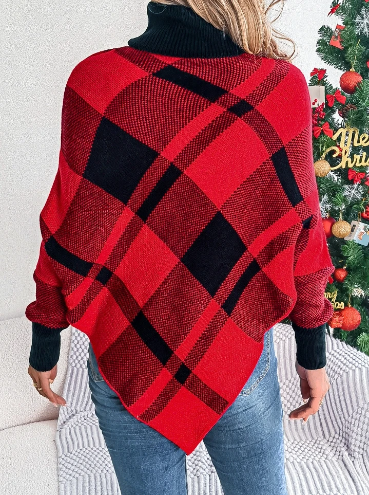 Winter Casual Women's Blouse Loose Warm Contrast Color Plaid Texture Turtleneck Bating Sleeve Cape Shawls Sweater Christmas