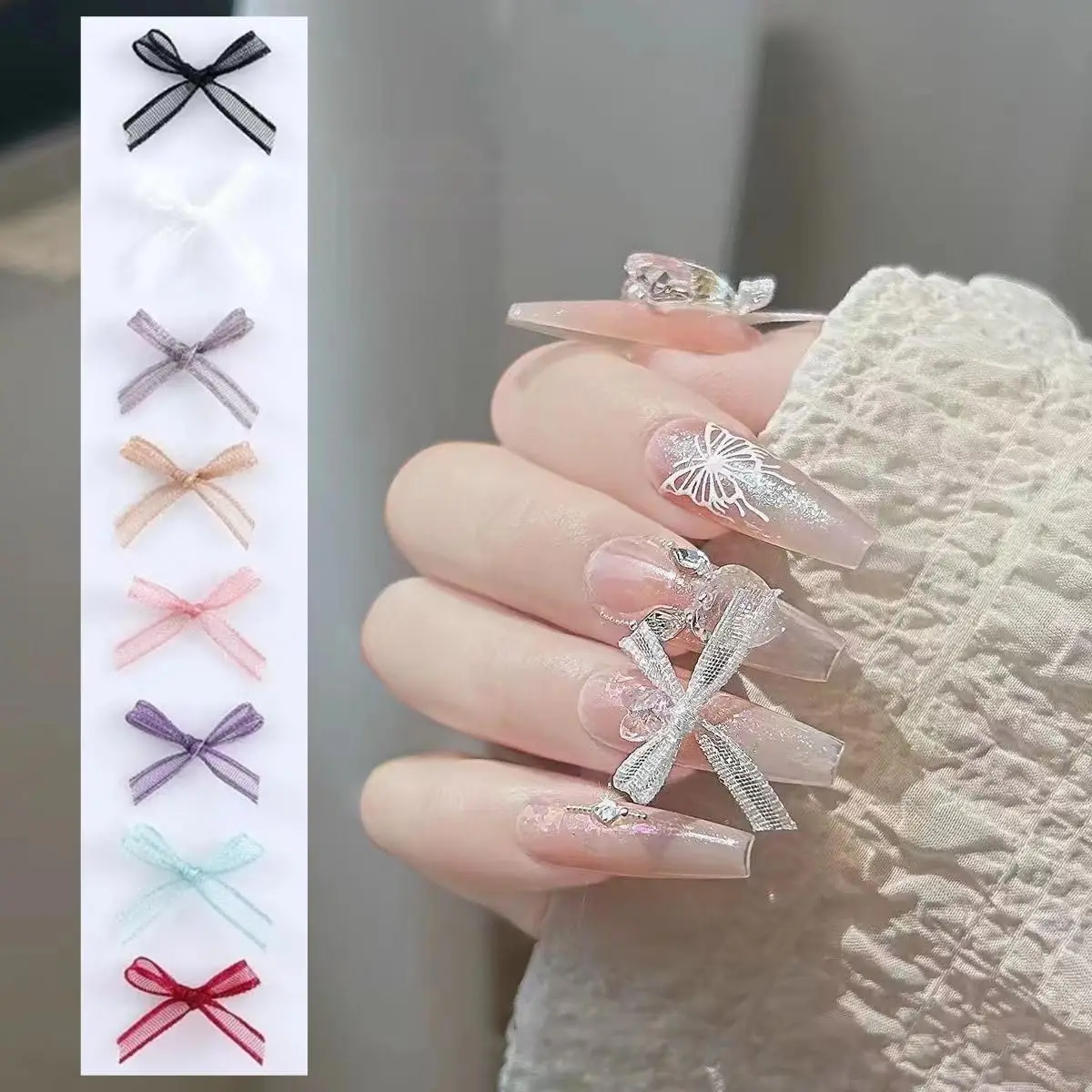 10pcs/lot Nail Bow Charms 3D Organza Bows Double-layer Lace Streamers Nail Rhinestone Charms DIY Nail Accessorie