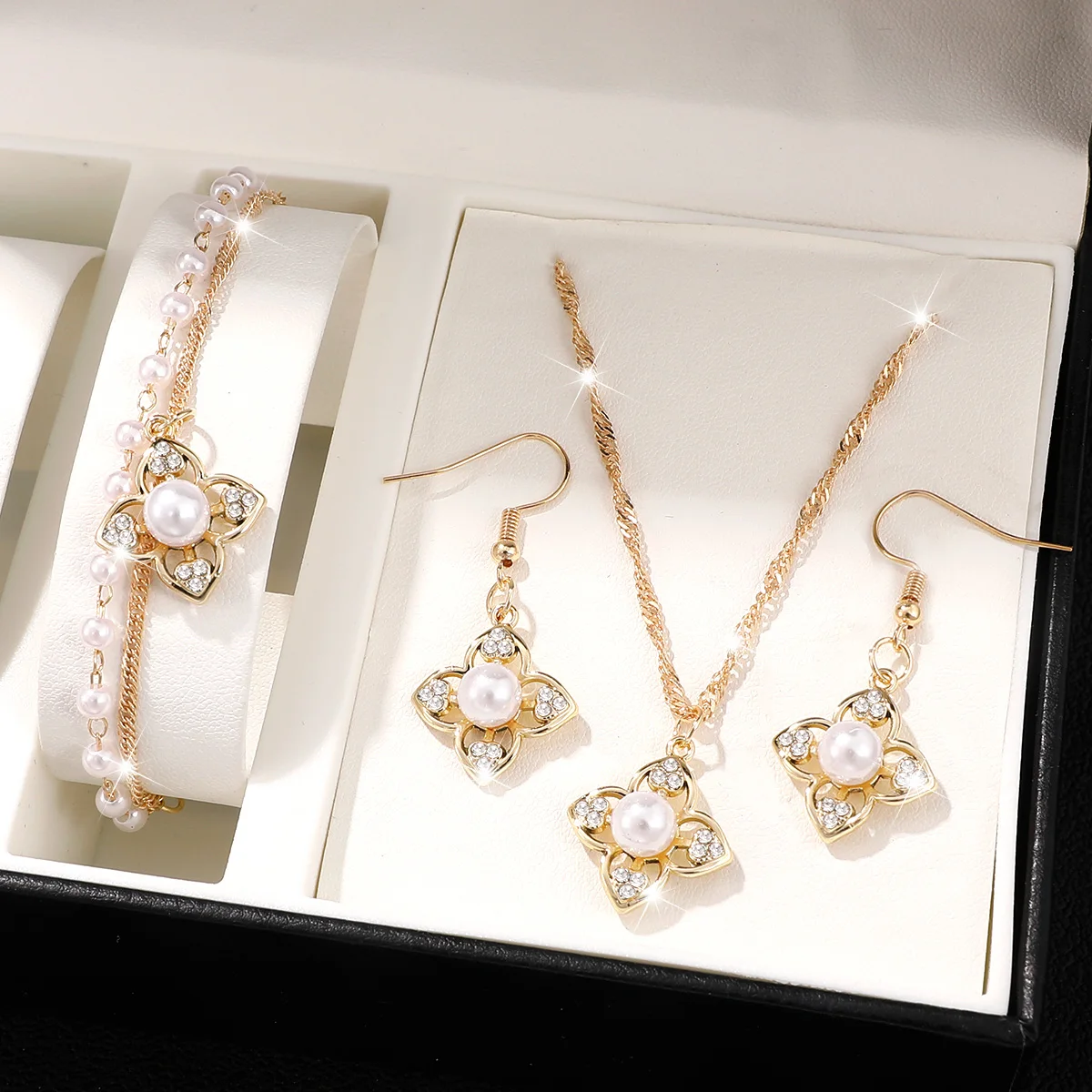 Women Clover Pearl Rhinestone Jewelry Set Gold Color Necklace Earrings Bracelet 4Pcs Bridal Wedding Party Gift Accessories