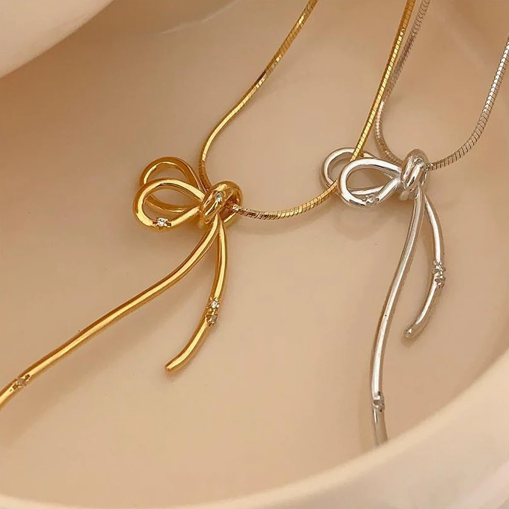Bow Necklace For Women 2024 Hot Style Fashion Gold Color Stainless Zircon Bow-knot Pendant Choker Waterproof Jewelry Party Gift