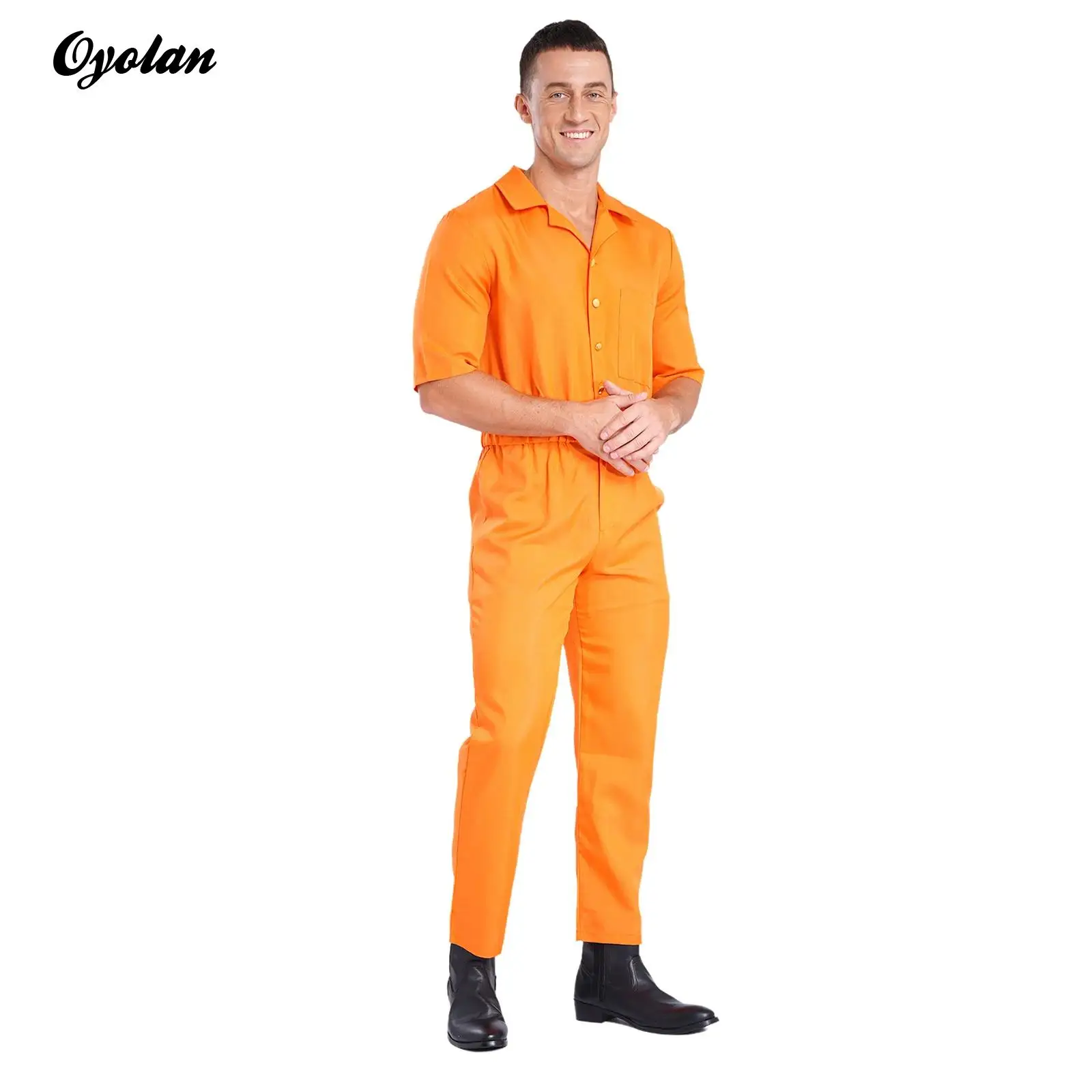Men Women Orange Prisoner Cosplay Costume Mate Jail Print Overalls Criminal Jailbird Convict Jumpsuit Detainee Inmate Bodysuit