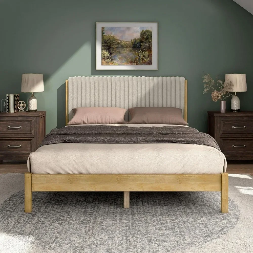 Platform Bed Frame With Vertical Channel Tufted Headboard And Solid Wood Slats, No Box Spring Needed,bed Frame