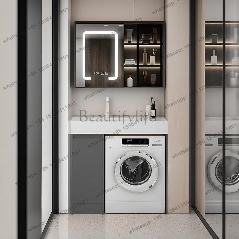 Small apartment machine upper basin laundry cabinet bathroom rock slab integrated basin bathroom cabinet