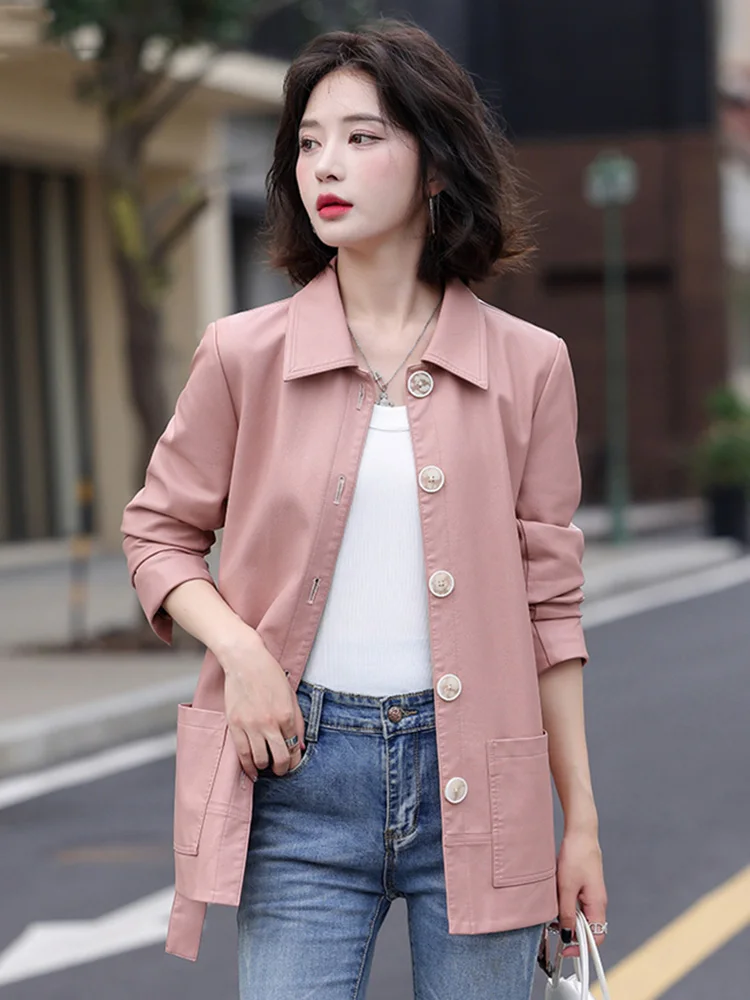 New Women Spring Autumn Leather Coat Fashion Turn-down Collar Single Breasted Slim Jacket Split Leather Casual Outerwear