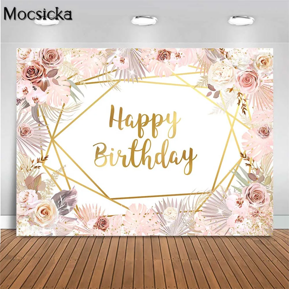 

Mocsicka Glitter Happy Birthday Photo Background Pink Flower Pampas Grass Girl Birthday Backdrop Party Decorations Custom Banner