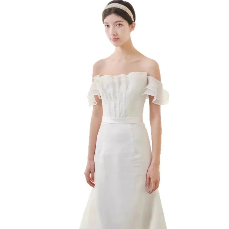 جديد النمط الفرنسي السفر التصوير خارج الكتف الأورجانزا بسيط أنيق العروس حورية البحر فستان الزفاف