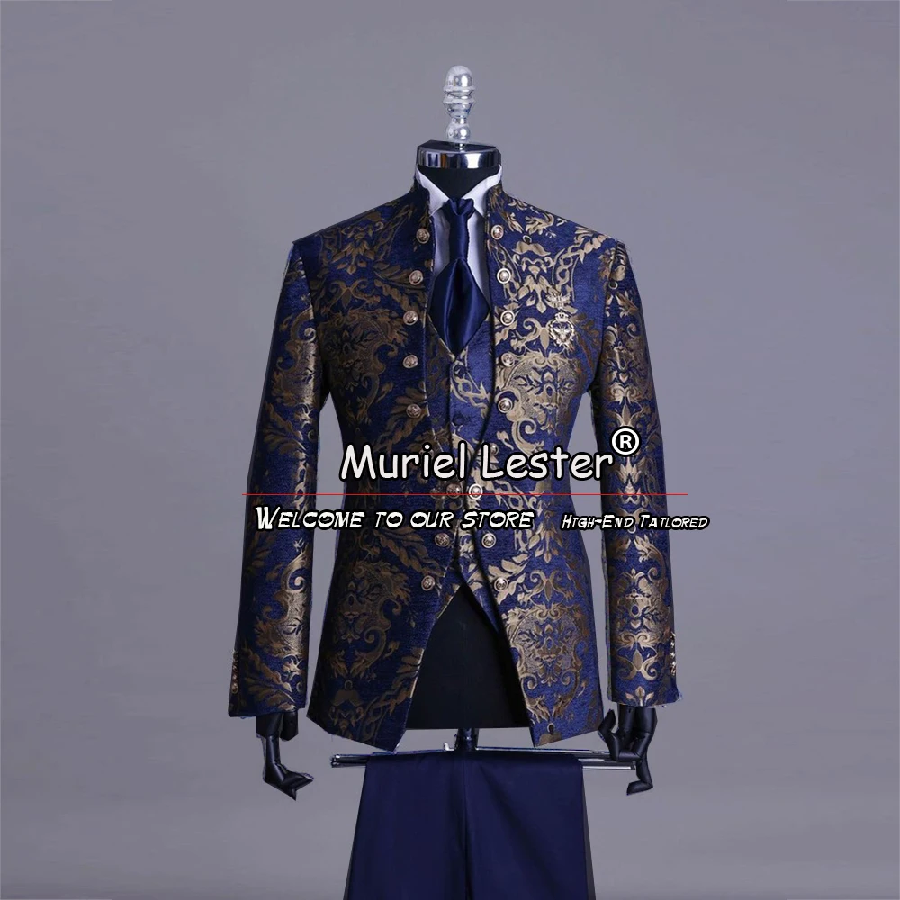 

Vintage Groom Wear Wedding Suits Formal Tuxedo Gold Floral Navy Blazer Plus Size Boyfriend Marriage 3 Pieces Prom Dress Elegant