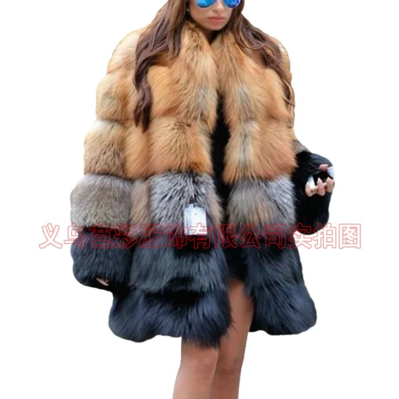 Trendy Women's Winter Fur Coats Faux Fur Jackets Fluffy Medium Length Luxury Patchwork Color Blocking Loose Casual Versatile