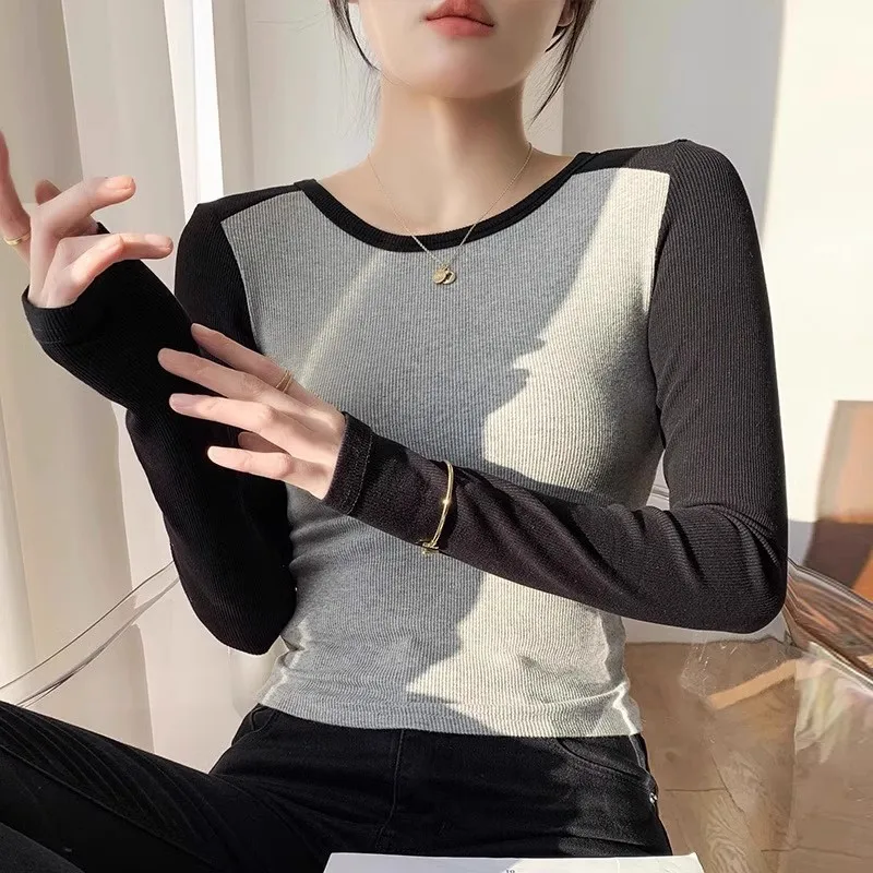 Women Autumn Winte Clothings Long Sleeve Tops for Women Cotton High elastical Women blauses With O-NECK Solid Color