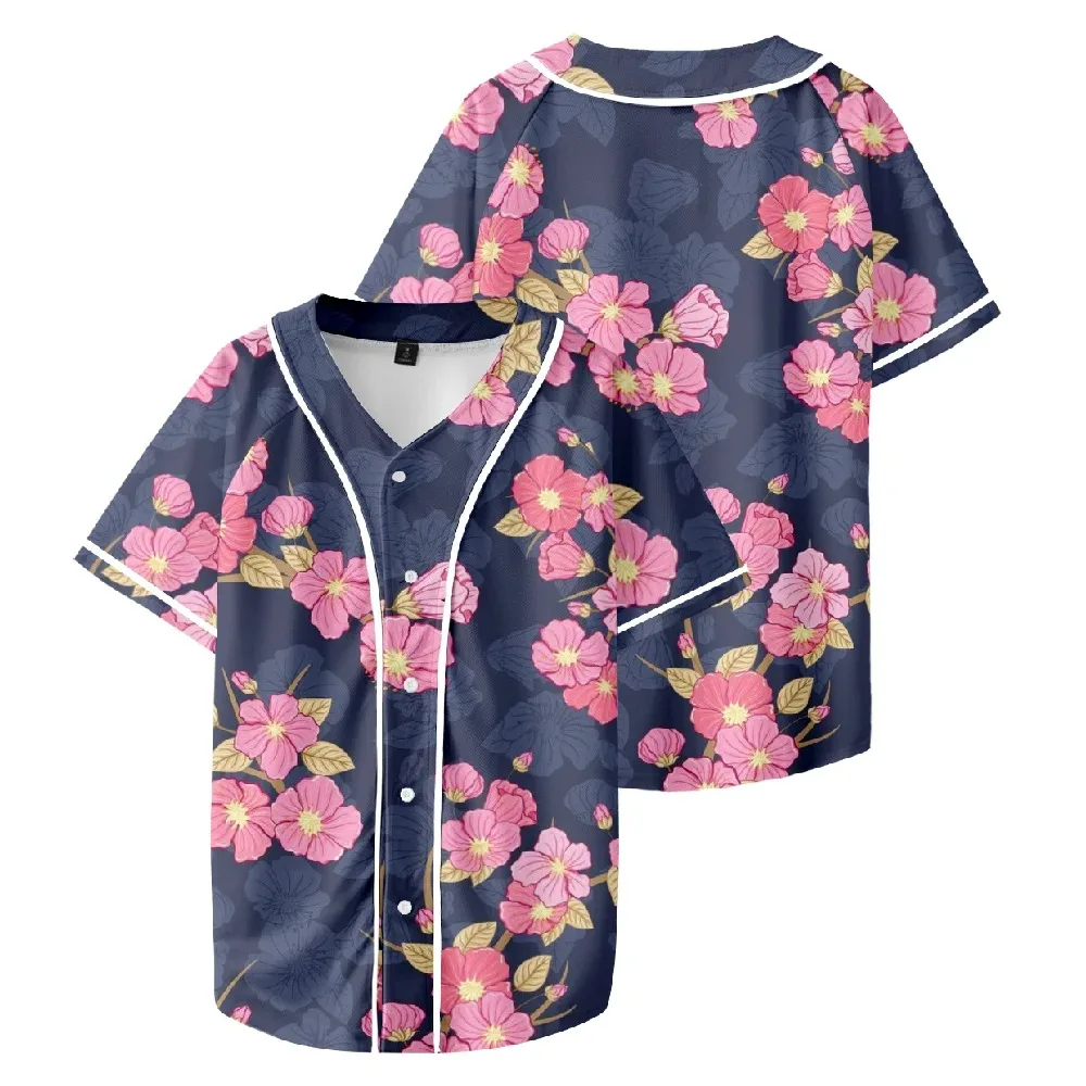 Camisola de béisbol de manga corta para hombre y mujer, camiseta de béisbol con estampado de Flores y Flores, 3D, informal, de diario, Rosa