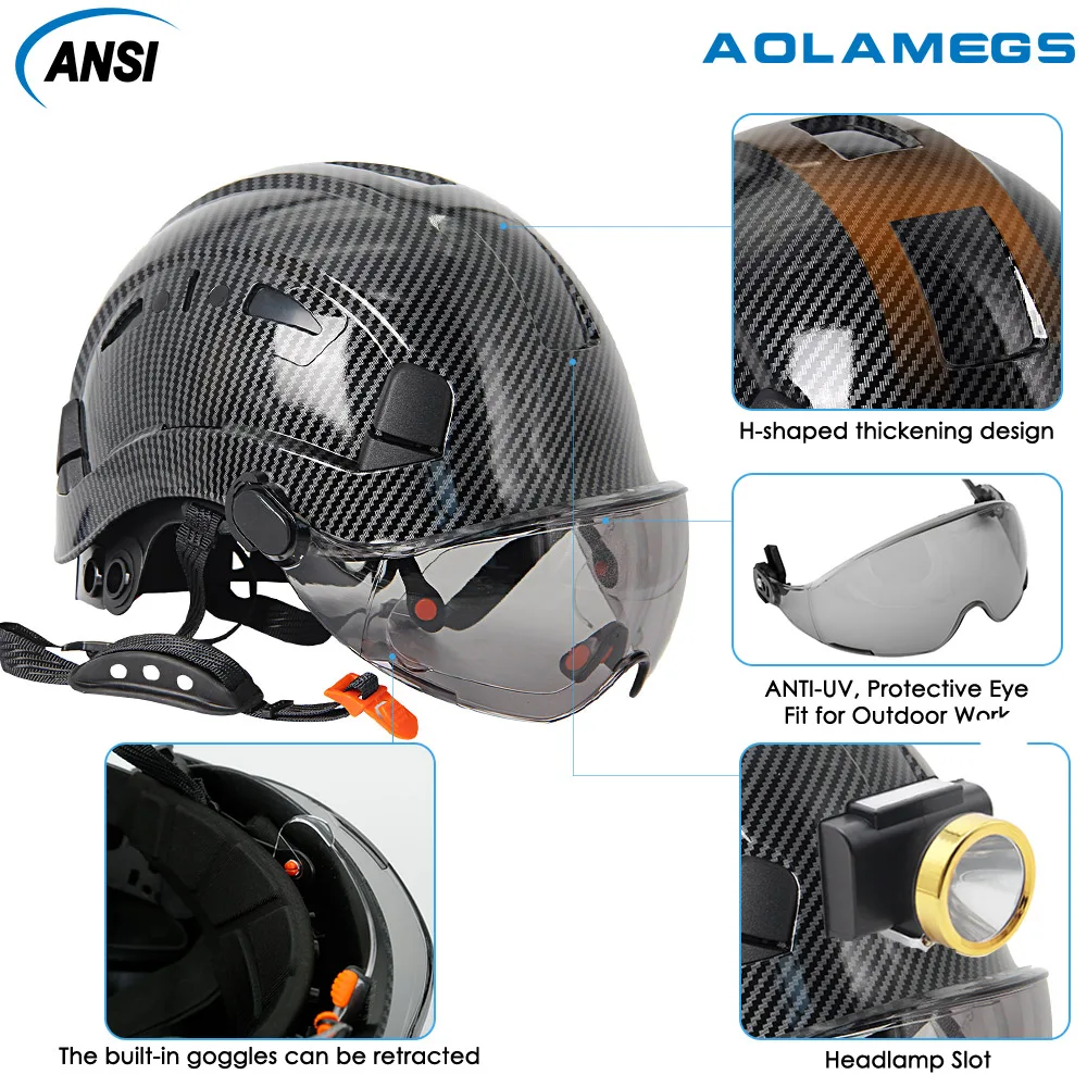 CE Carbon Fiber Safety Helmet W/ Earmuffs Double Goggles ABS Construction Hard Hat For Engineer High Quality Work Cap ANSI