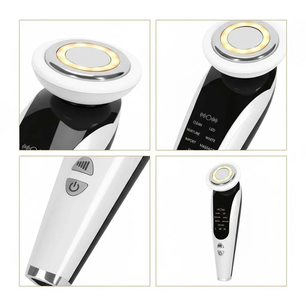 EMS Gezichtsmassager Gezichtsschoonheidsinstrument met geïnduceerde trillingen en warm kompres Gezichtsverzorgingstool 7-in-1 LED-lichttherapie