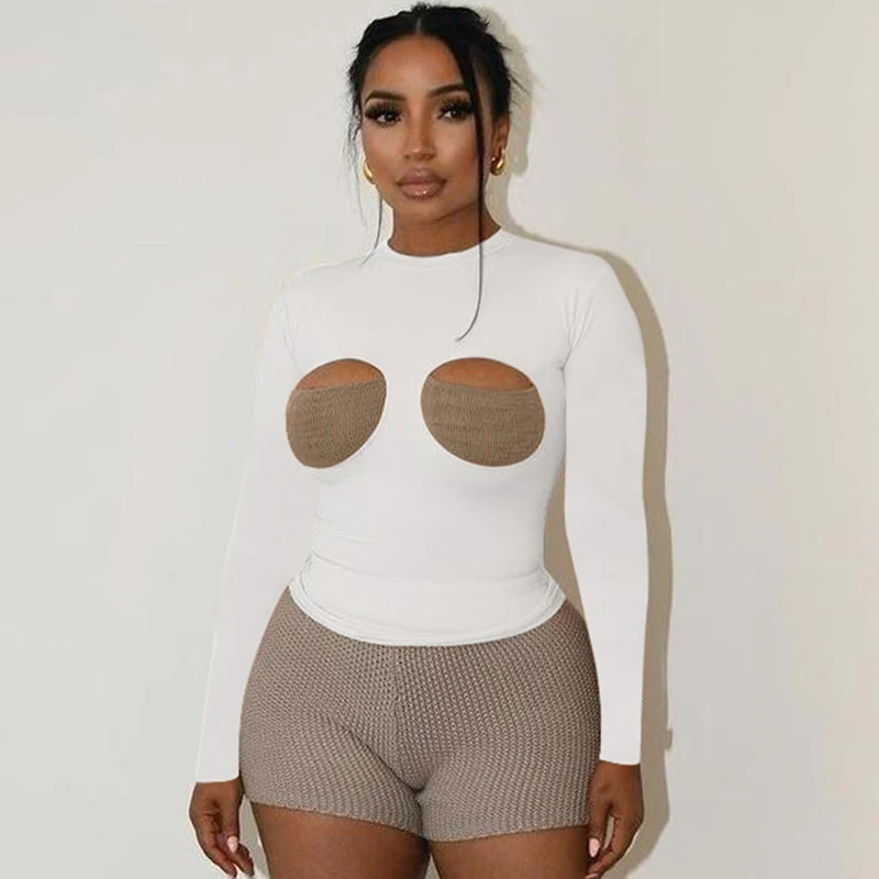 

Sifreyr Hollow Out Patchwork T-shirt Women Fashion Long Sleeve O Neck Basic Casual T Shirts Autumn Streetwear Sexy Slim Tee Tops