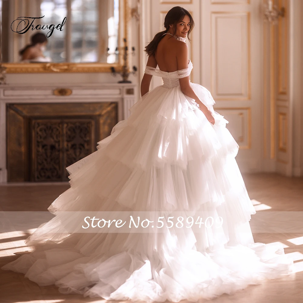 Traugel Elegant Boat Neck Backless Beaded Tiered Wedding Dresses Luxury Pleat Court Train A Line Tulle Bridal Gown