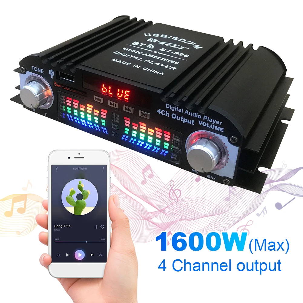 

Цифровой 4-канальный аудиоусилитель Hi-Fi мощностью 1600 Вт с Bluetooth, караоке-плеером, FM-радио и пультом ДУ
