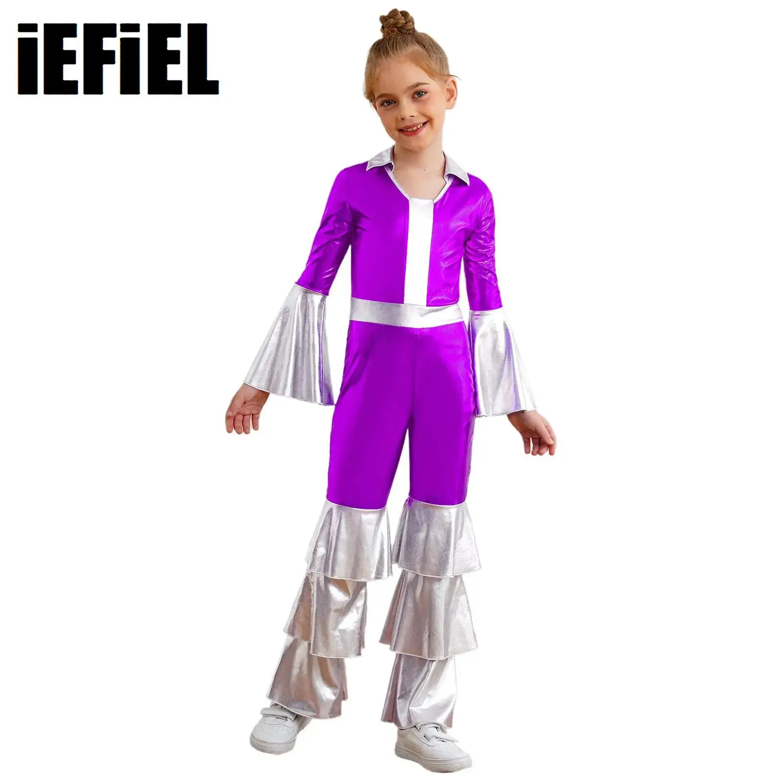 

Kids Girls Disco Dance Jumpsuit Color Block Metallic Tiered Ruffles Flare Sleeve Bell-Bottom Halloween Costume