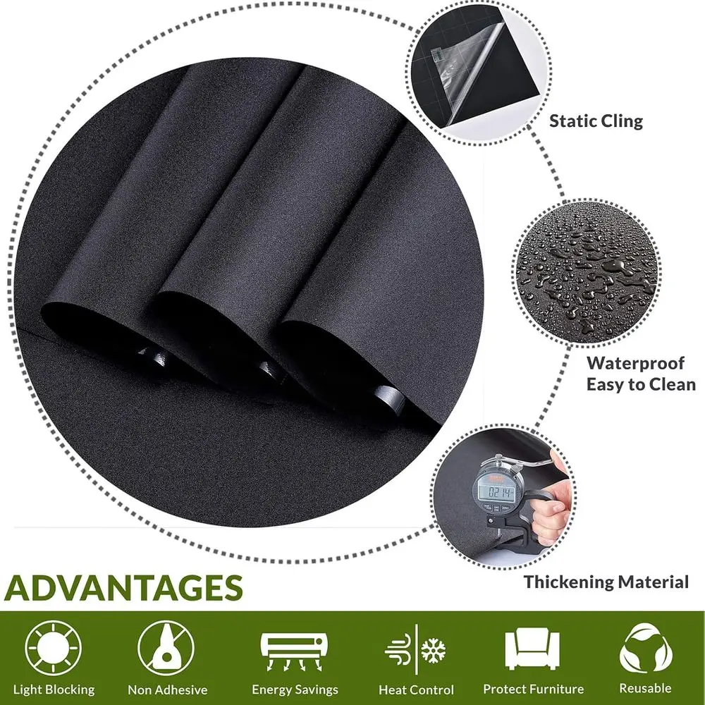 Total Blackout Window Film Privacy Room Tint Black Window Cover 100% Light Blocking No Glue (17.7 x 78.7 inches)