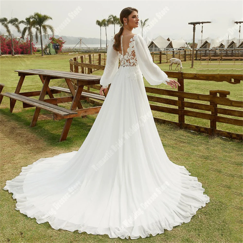 Elegant Long Sleeves Women Wedding Dresses Long Sleeves Deep V-Neck Tulle Bridal Gowns Beach Gathering Vestidos De Novias 2024