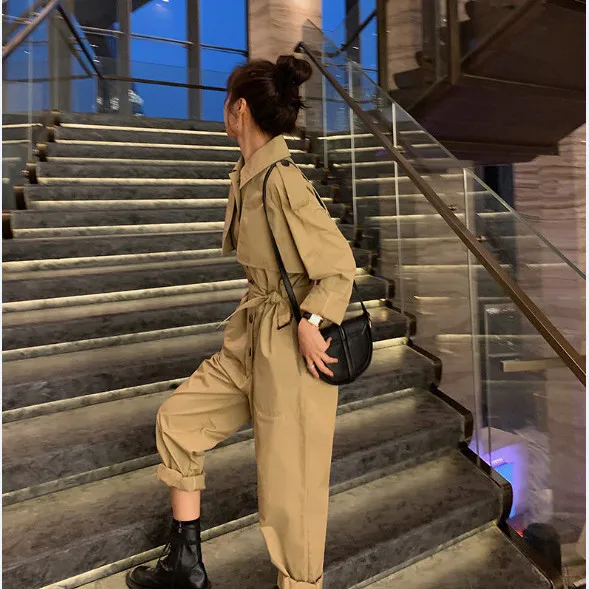 Spring Autumn New Long-sleeved High-waist Slim One-piece Women\'s Hong Kong Style Tooling One-piece Trousers Jumsuit Women