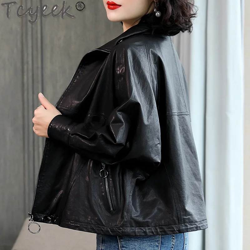 Tcyeek, chaqueta de cuero auténtico para mujer, ropa de primavera y otoño, abrigos de piel de oveja auténtica, chaquetas de moto para mujer, chaqueta holgada de cuero