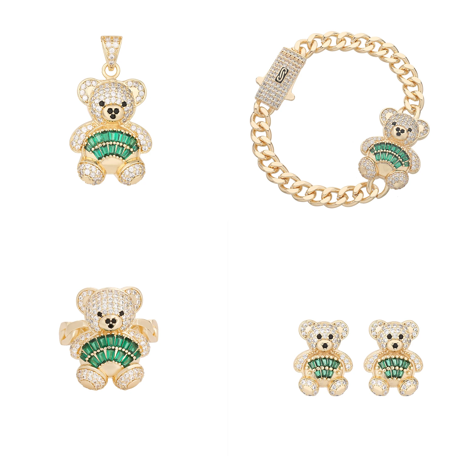 Bear pendant bracelet earring ring set, four-piece jewelry set for girlfriend as a gift, support wholesale