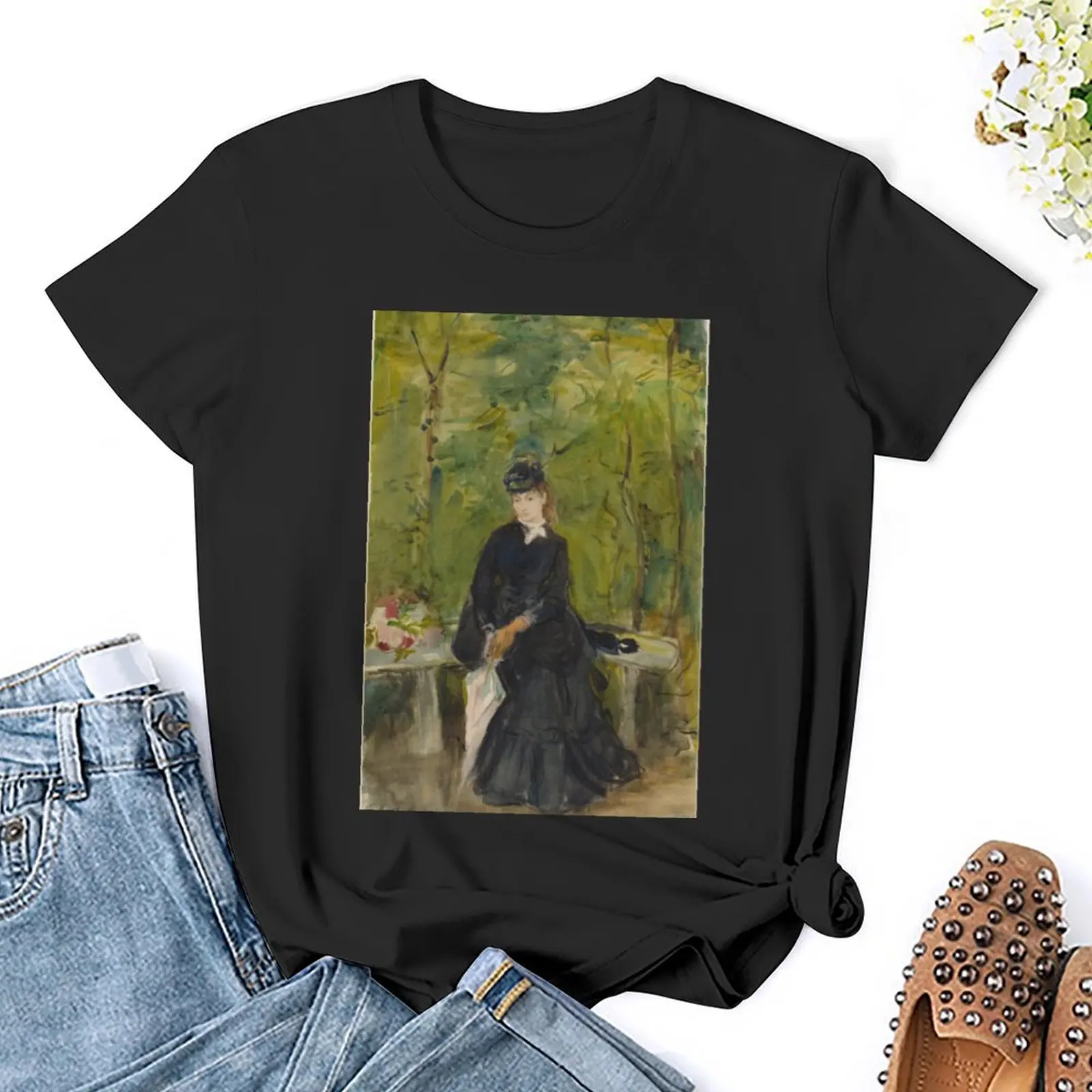 Berthe Morisot. De Zus Van De Kunstenaar Edma Zittend In Een Park, 1864 T-Shirt Zomerblouse Plus Maten Blanco Dames T-Shirt