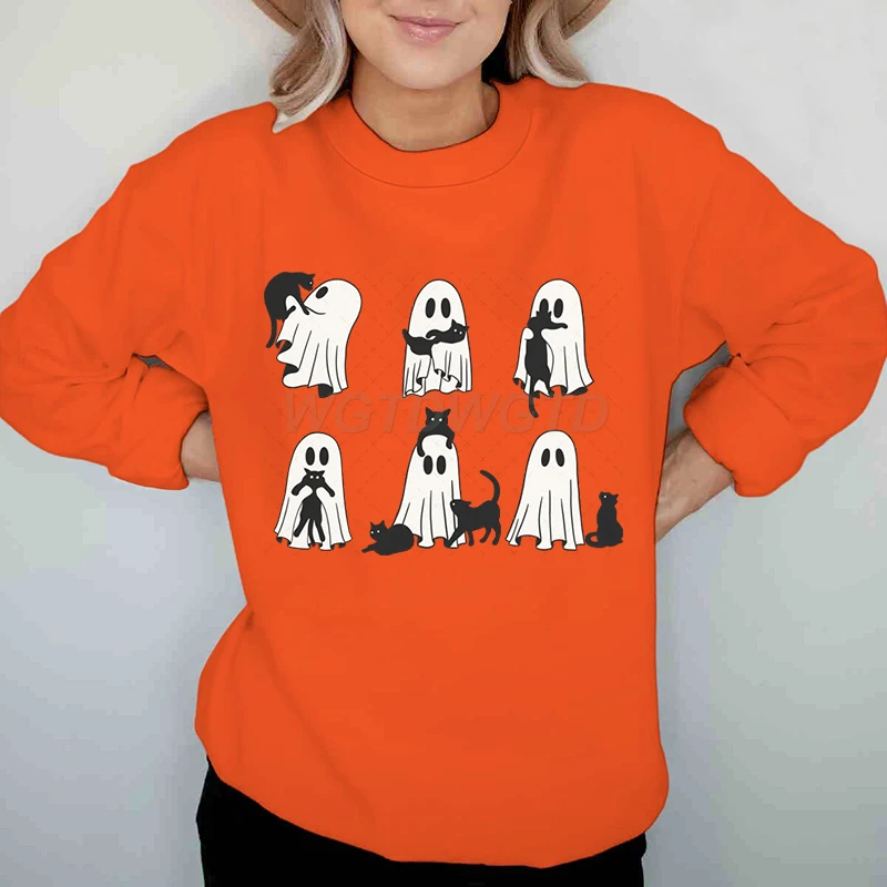 Sweat-shirt d'halloween pour femmes, drôle, chats fantôme, hiver, automne, décontracté, col rond, manches longues, pulls