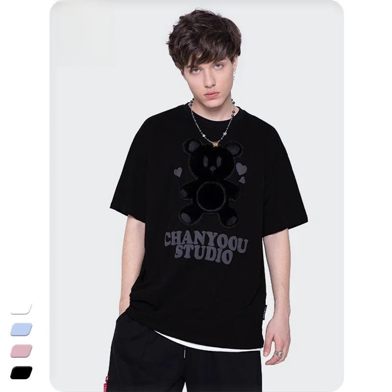 Summer Embroidered Bear Short Sleeve T-Shirt Unisex Cotton Cartoon Print Casual Top for Men And Women