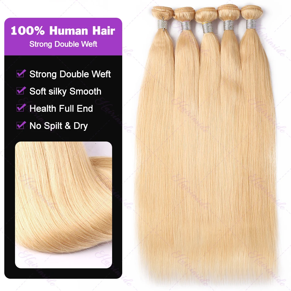 Brazilian 30 32 Inch 613 Honey Blonde Human Hair Straight Bundles 100% Unprocessed Human Hair Double Weft Weave Bulk Extensions