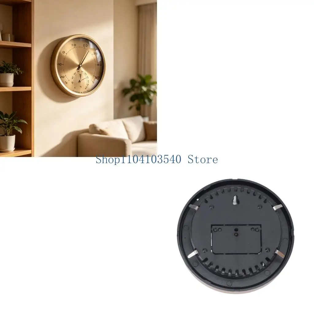 02DC Round Indoor Climate Display with Metal Gold Tone Frame, Large Face Room Monitor for Wall Mount, Shelf Placement, and Quick