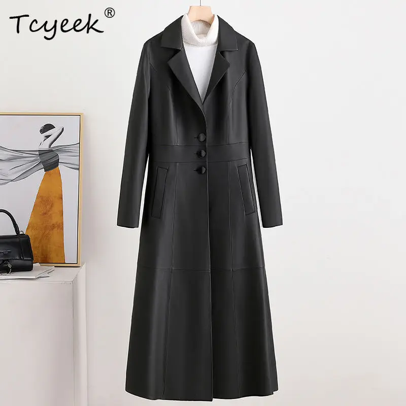 Tcyeek Echt Schaffell Frühling Herbst Schwarz Anzug Kragen Lange frauen Aus Echtem Leder Jacke Jaqueta De Couro Legítimo Feminina