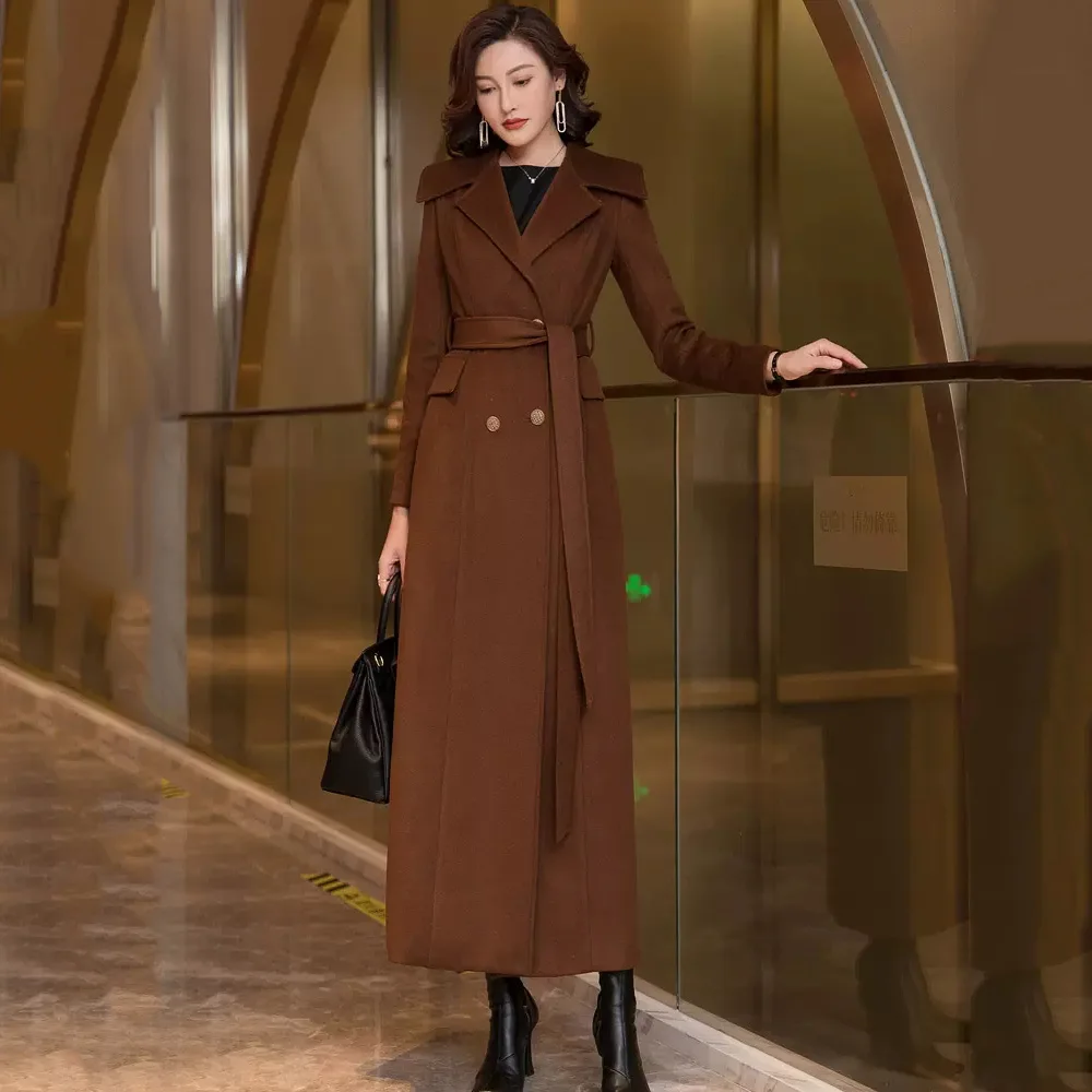 New Women Autumn Winter Wool Coat Elegant Fashion Turn-down Collar Double Breasted Wool Blended Overcoat Overlength Outerwear