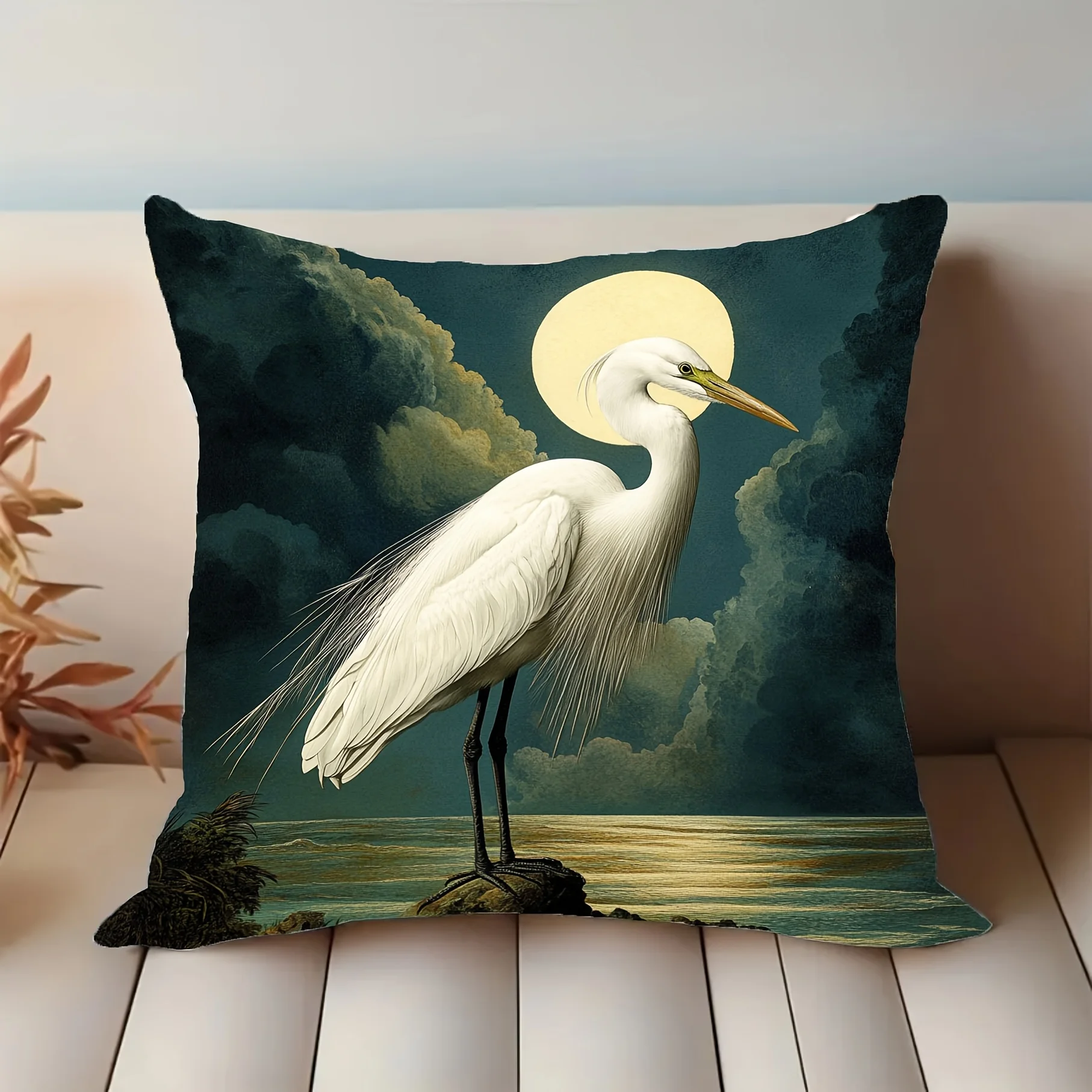 Large Decorative Throw Pillow Case Canvas Print Great Blue Heron Sunset Pond Scene Home Decor Cushion Cover