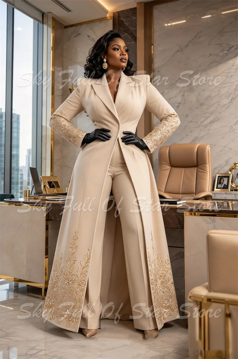Khaki Women Suit Set 2 Pcs Gold Floral Sequin Embroidered Long Blazer+Wide Leg Pants Custom Formal Evening Wedding Lady Outfit