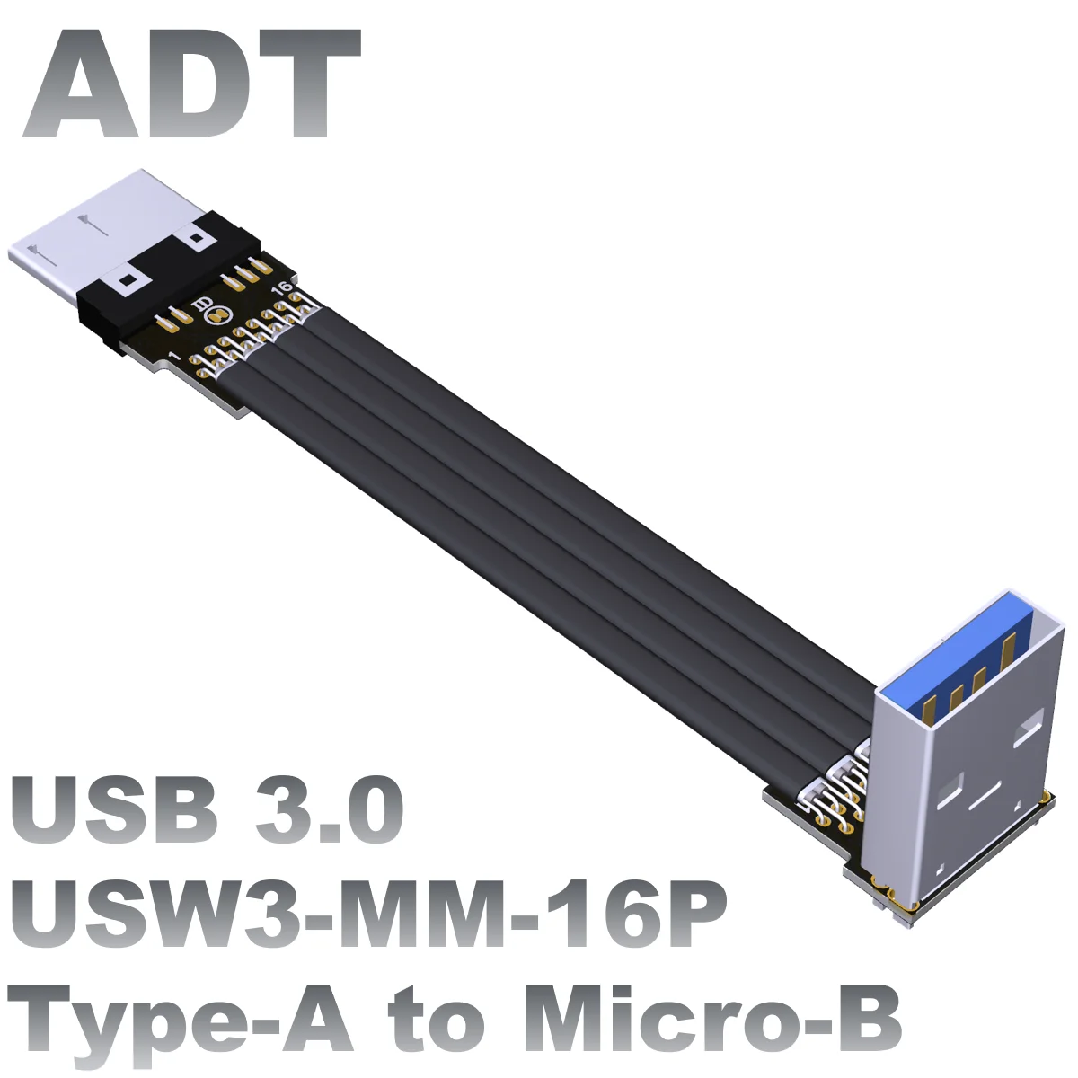 ADT-Link USB 3.0 Type-A to Micro-B Male to Male Flat Extension Cable with Shielding Ultra Thin Slim Flat Wire 90° 180° Up Angled