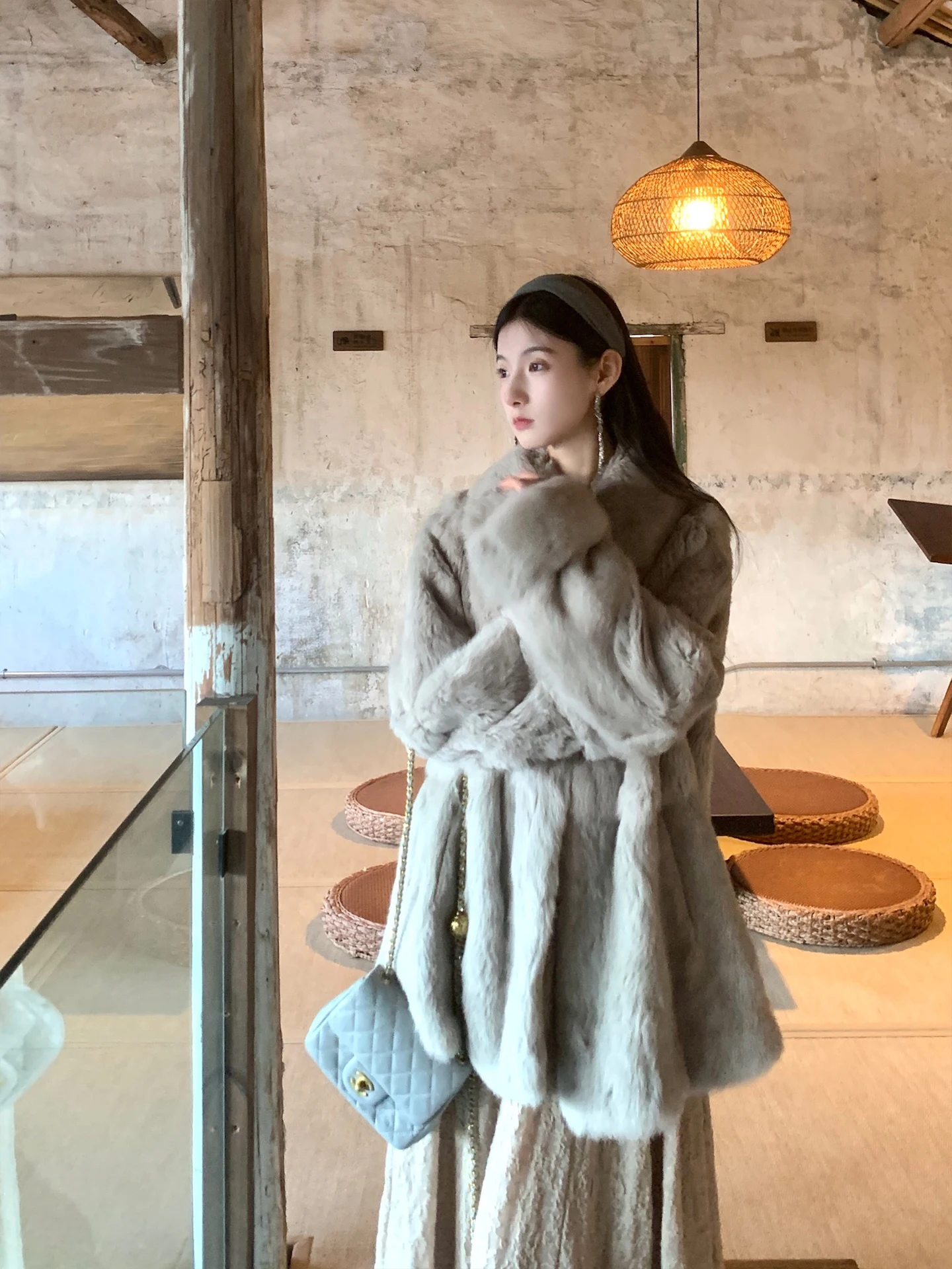 暖かさ Walkink QingTanYu 優しい襟 超ソフト ラビットファー レザーコート ルーズフィット 長袖 レディースファッション 冬用アウター