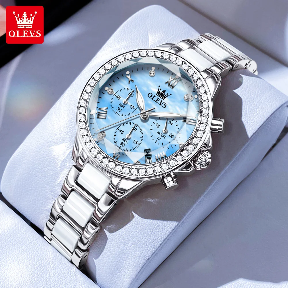 OLEVS Diamond Woman Watch Chronograph Waterproof Women\'s Watches Luxury Ceramics Strap Rhombic Mirror Ladies Quartz Wristwatches