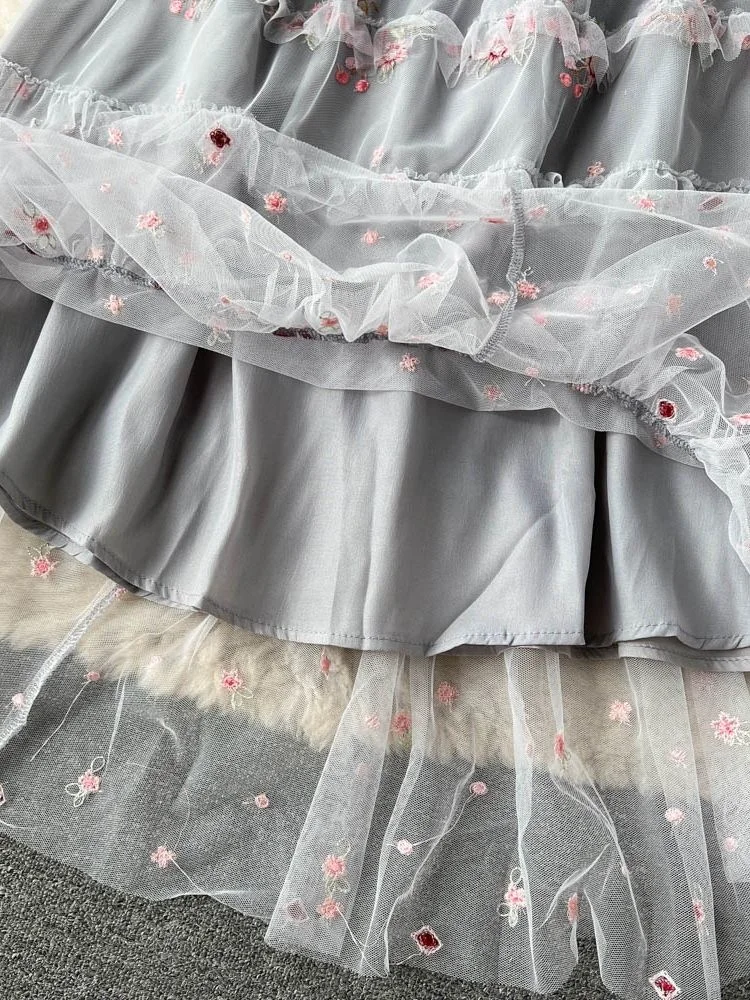 المدرج الصيف زهرة التطريز كعكة فستان المرأة تول شبكة قصيرة الأكمام المتتالية الكشكشة ماكسي طويل حفلة فساتين رائع #6