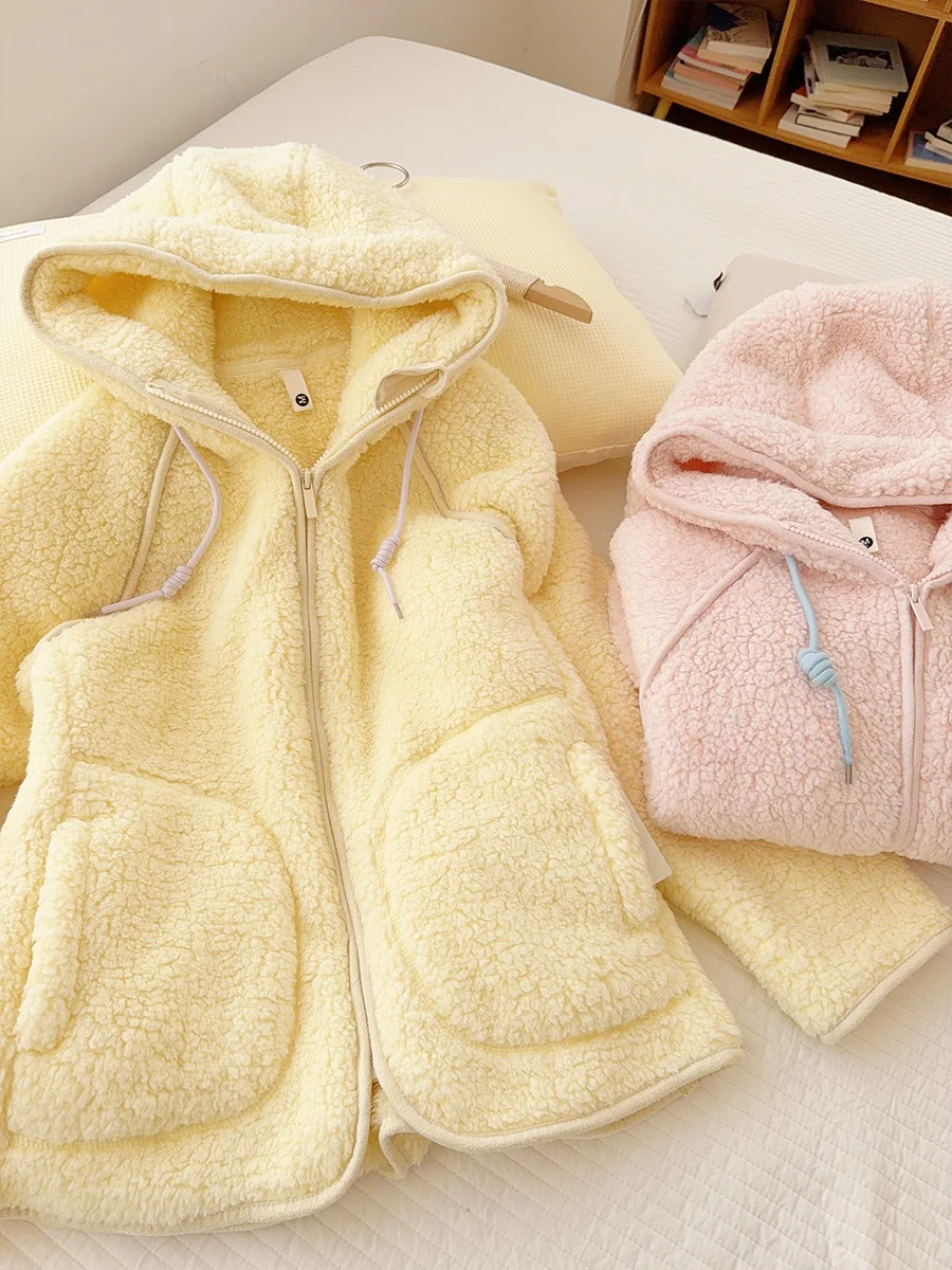 

Thiened Lamb Velvet Coral Fce Hooded Home Clothes Set Couple's Outwear Autumn Winter Warm Soft Long Sve Zipper Closure