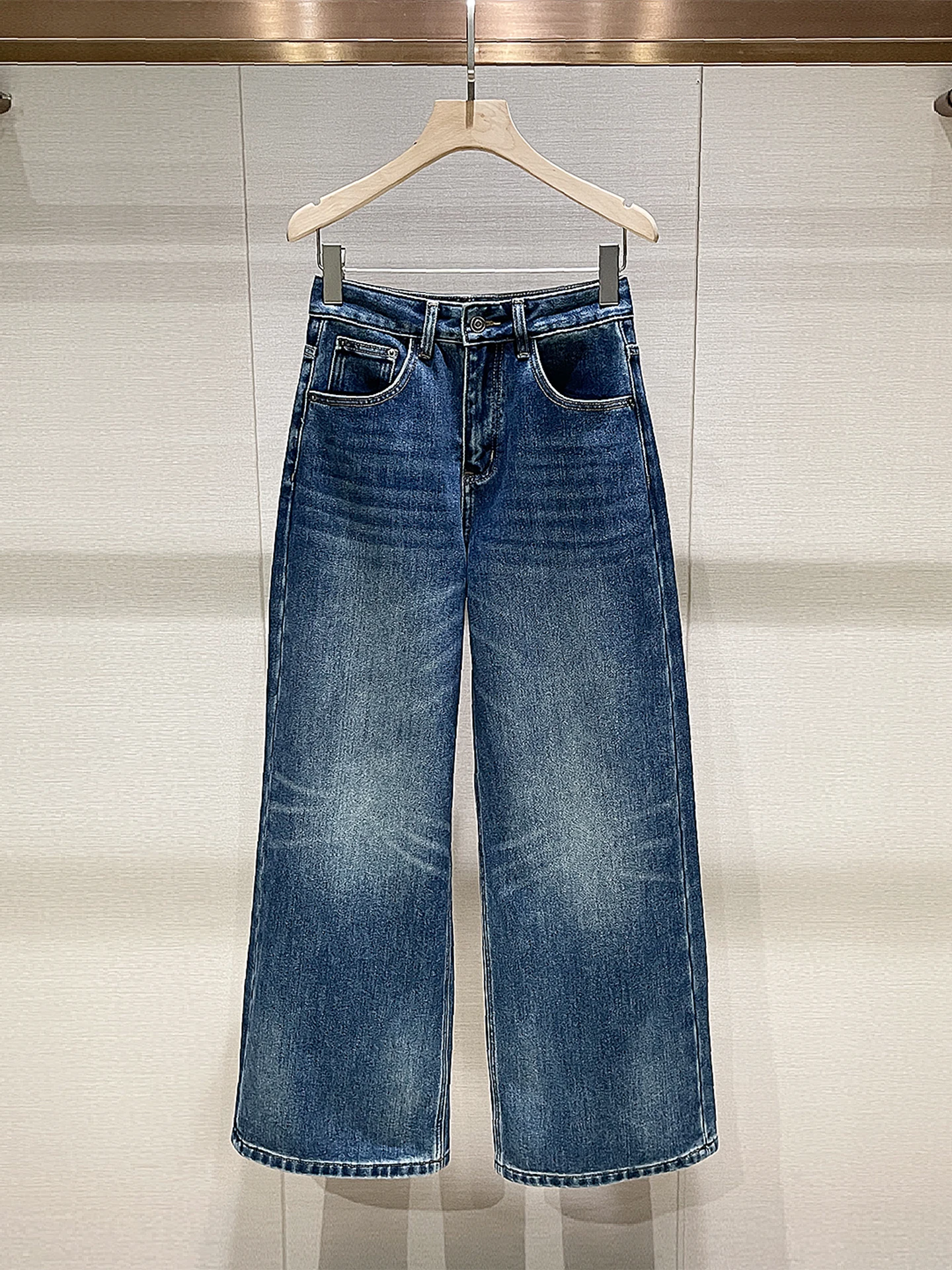 

Широкие джинсы с высокой талией на подкладке, женские повседневные синие джинсовые брюки прямого кроя, зимняя коллекция в американском стиле ретро