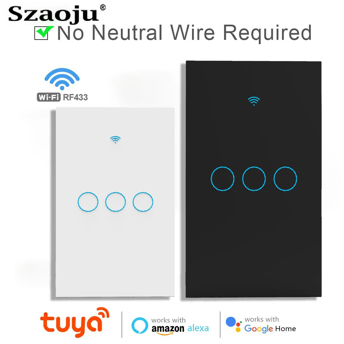 Szaoju Tuya Wifi Smart Life Switch Wall Light Touch Sensors 1/2/3 Gang Switches Alexa Voice Control No Neutral Wire Required