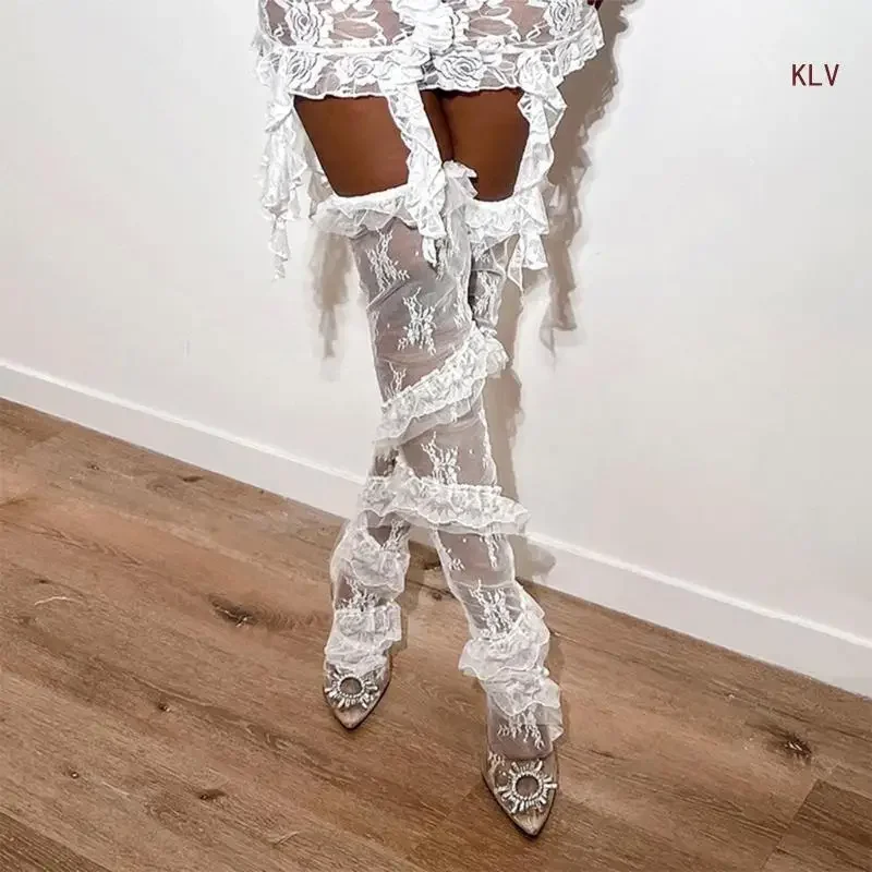 

Women Aesthetic Sheer Loose Thigh High Stockings Flower Lace Twill Ruffle Trim Patchwork Over Knee Long Socks Streetwear